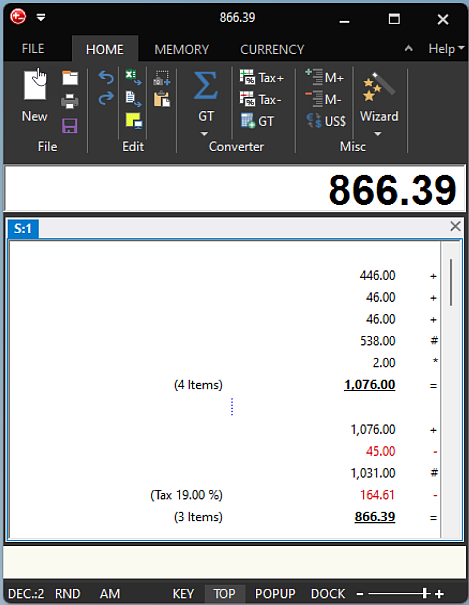 DeskCalc 11 in a dark theme, with every dialog following the same colours