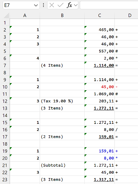 A DeskCalc tape pasted into Excel, keeping columns, font and red negative amounts