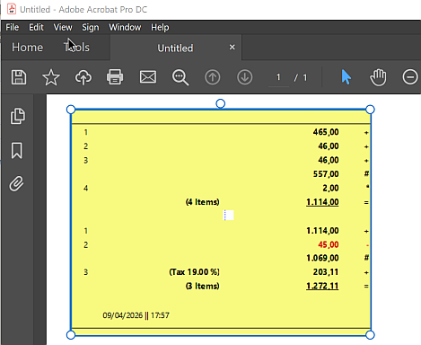 A DeskCalc tape inserted into a PDF document as a picture, in the tape's own colours