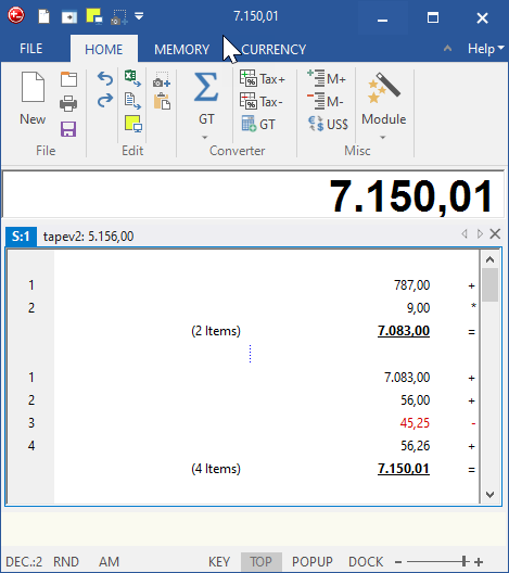 Several DeskCalc tapes open side by side, each tab showing its own total