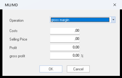 Trade calculator (MU/MD) dialog in DeskCalc