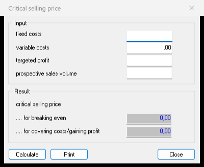 Critical selling price dialog in DeskCalc
