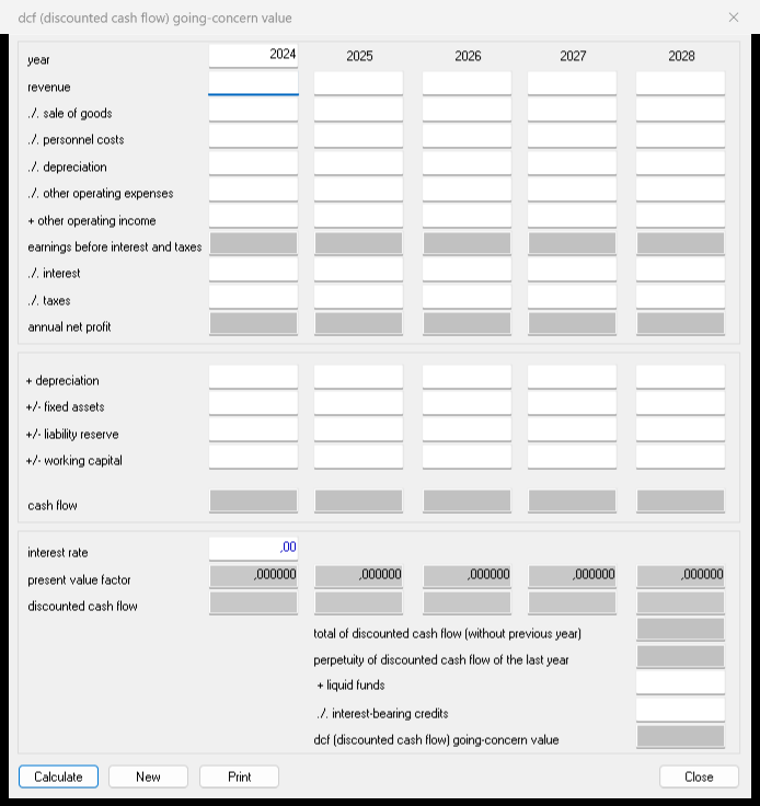 Company value by DCF dialog in DeskCalc