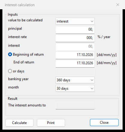 Interest calculation dialog in DeskCalc