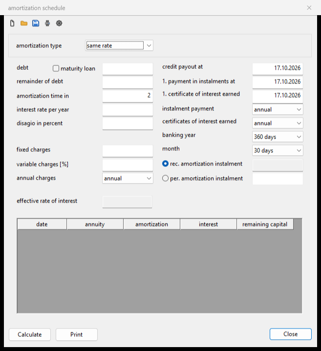 Amortization schedule dialog in DeskCalc