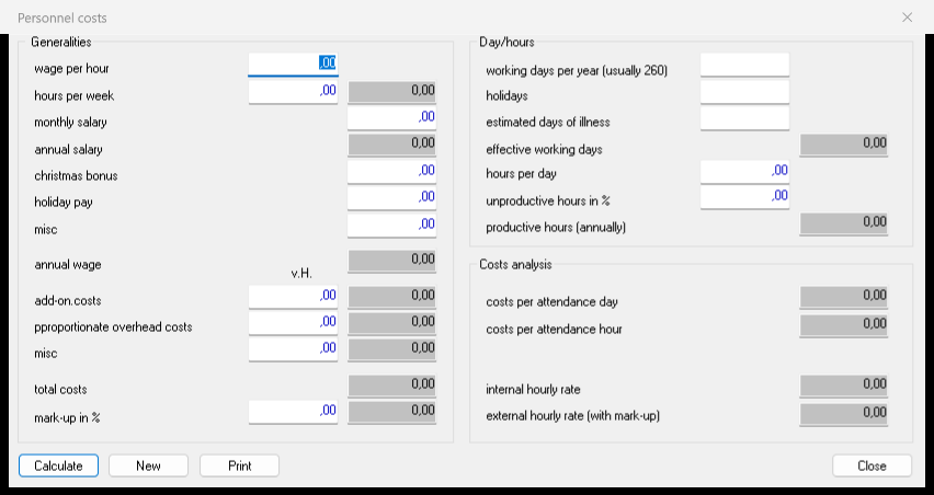 Personnel costs per hour dialog in DeskCalc