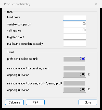 Product profitability dialog in DeskCalc