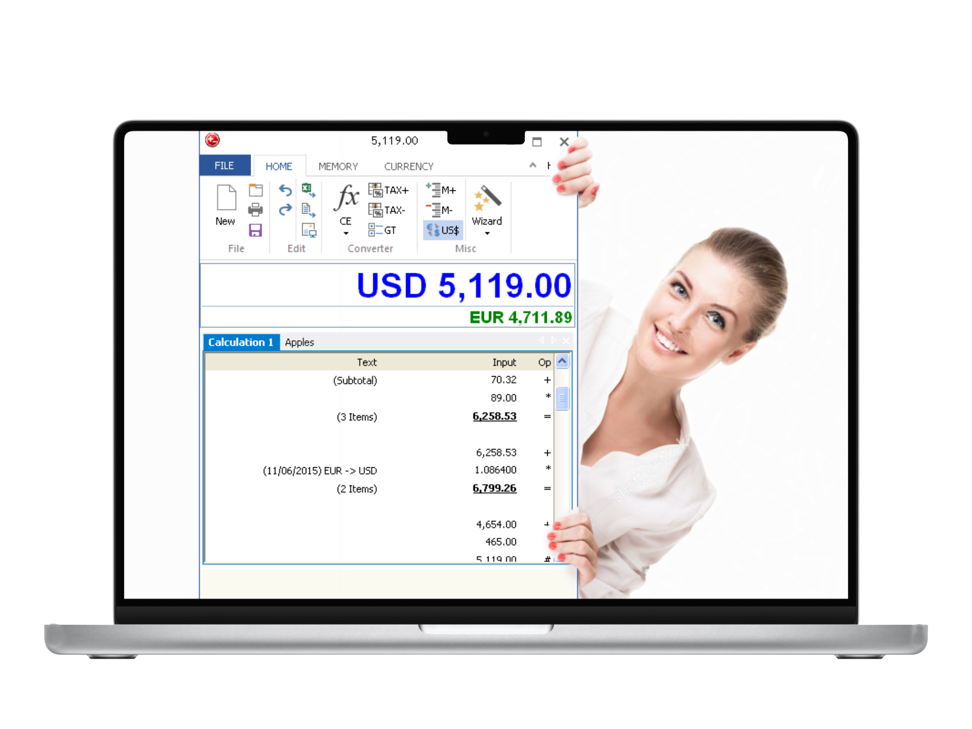 DeskCalc tape calculator running on a Windows laptop