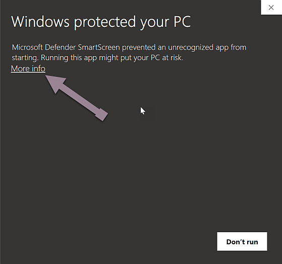 The Windows SmartScreen dialog Windows protected your PC, with an arrow pointing at the More info link