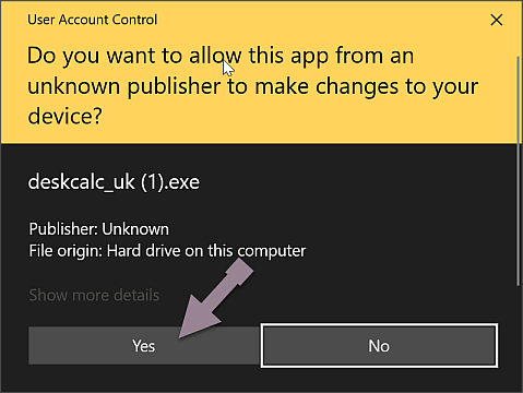 The Windows User Account Control prompt for deskcalc_uk.exe with an arrow pointing at the Yes button