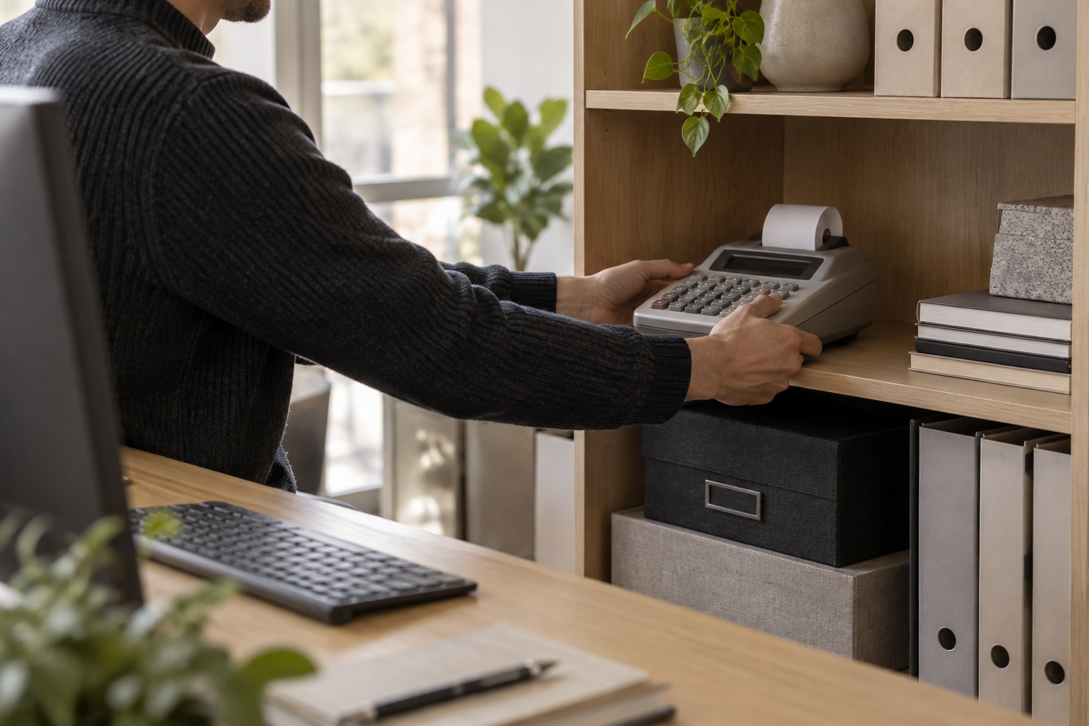 A Canon P170-DH printing calculator being put away in an office cabinet