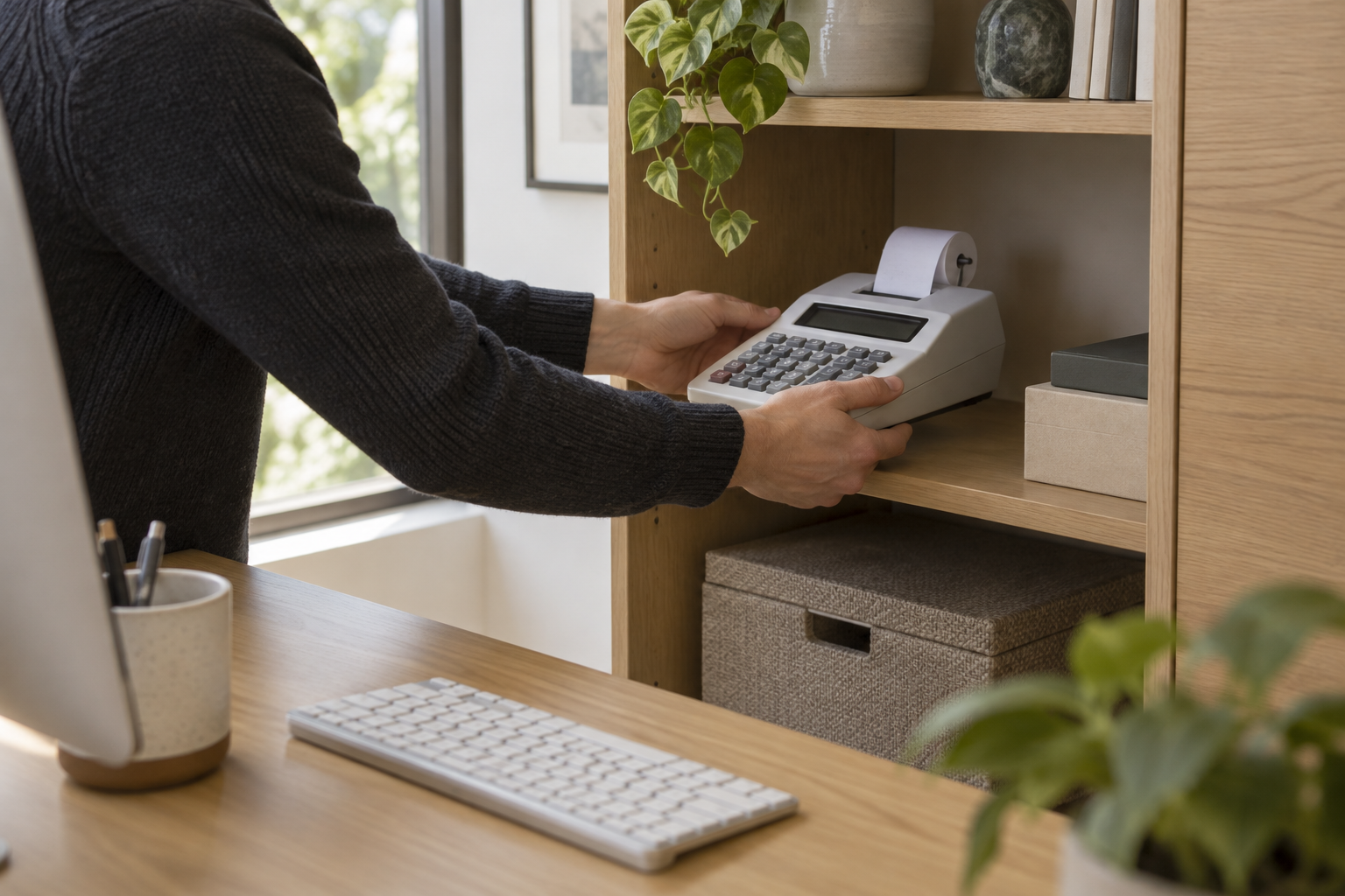 A Canon P23-DHV printing calculator being put away in an office cabinet